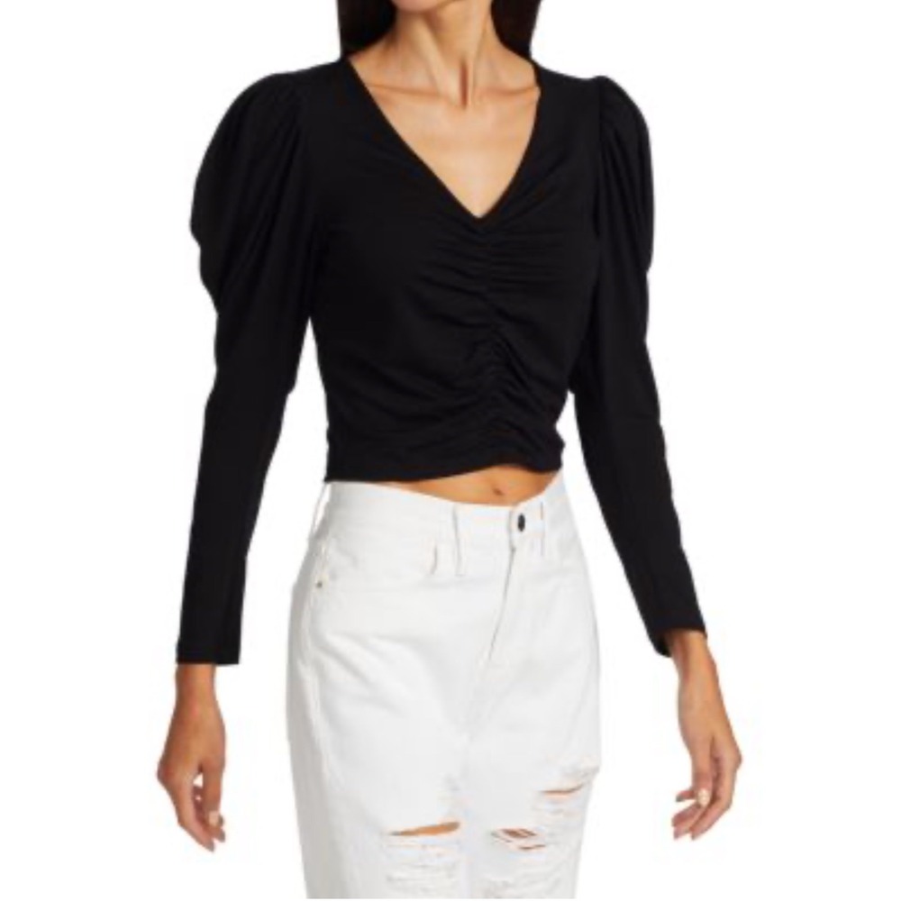FRAME Agnes Puff-Sleeve Ruched Crop Top In Noir Black Women's Size M